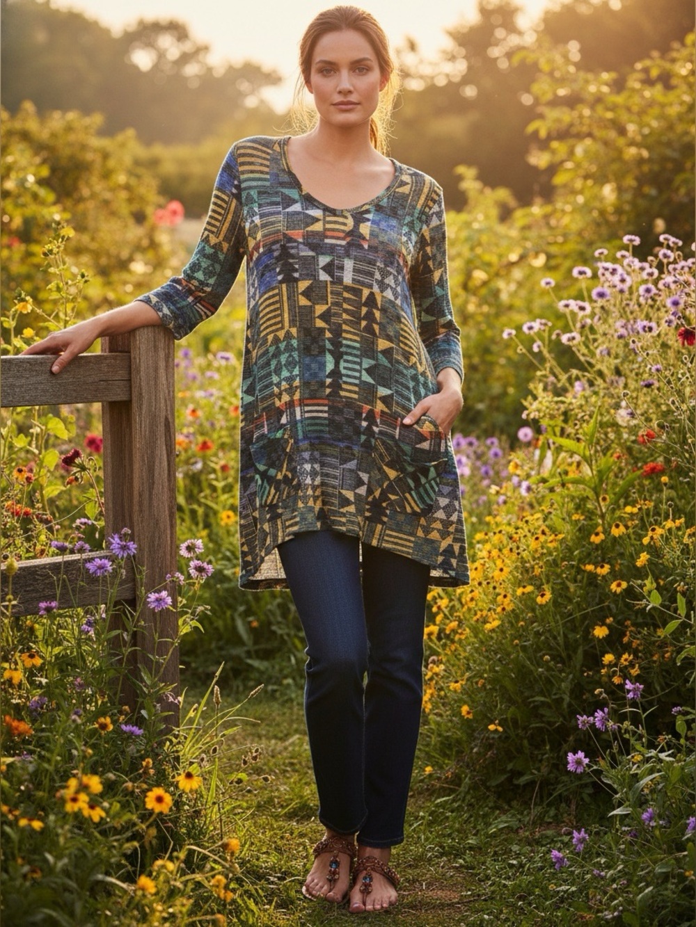 John Paul Richard Womens Large Multi Color Geometric Tribal‎ V-Neck Tunic Top